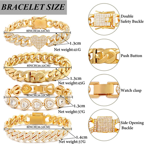 Iced Out Crystal Heart Tennis Miami Cuban Link Chain Bracelet